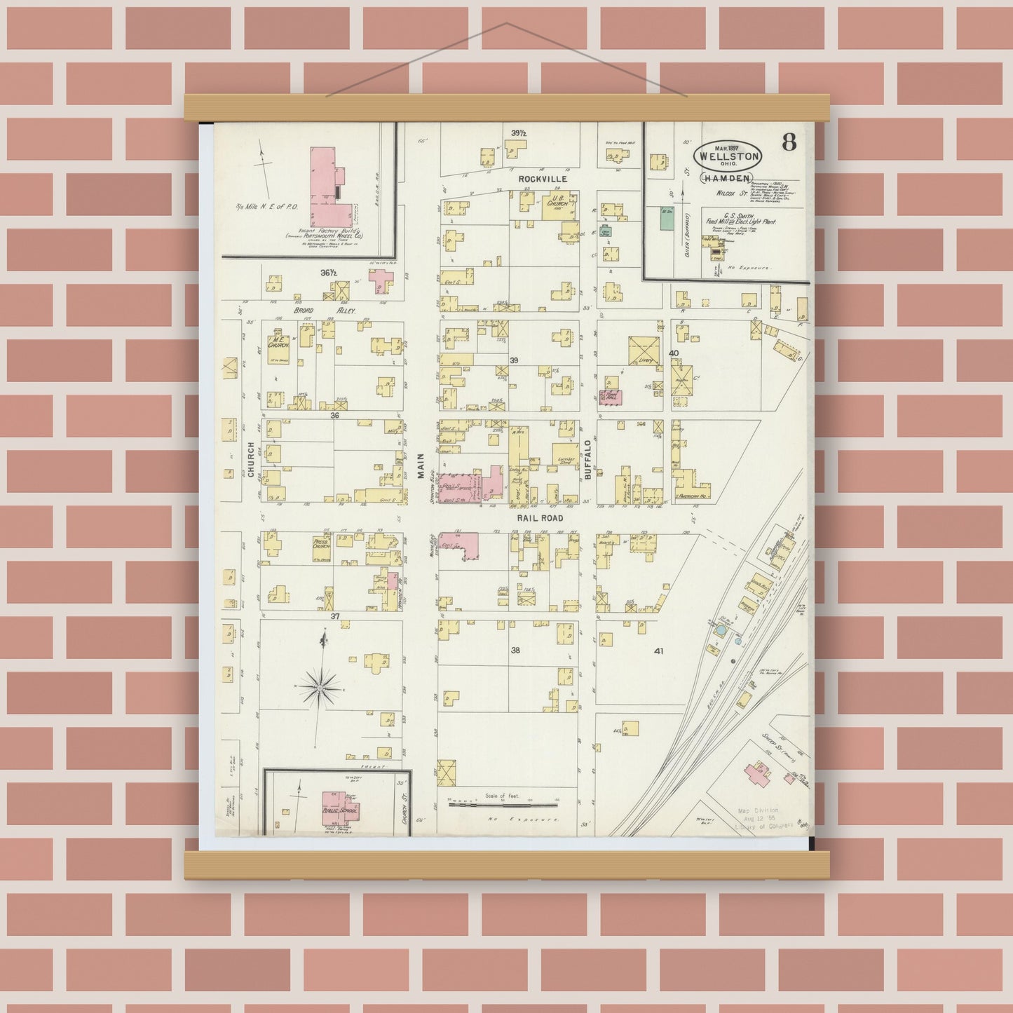 Old map wall art mockup — magnetic wood frame on brick wall — Sanborn Fire Insurance Map from Wellston, Jackson County, Ohio (1897), Sheet #0008