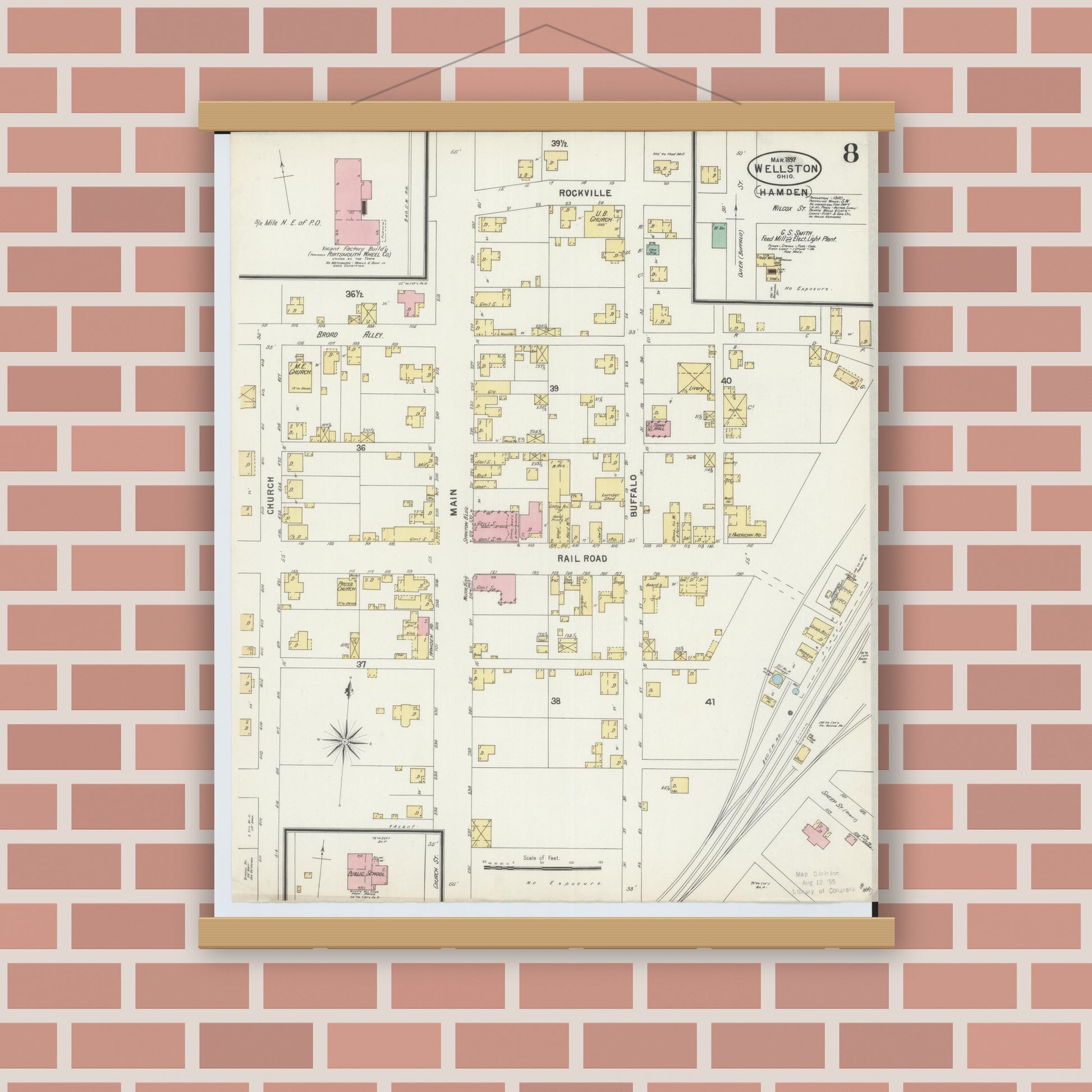 Old map wall art mockup — magnetic wood frame on brick wall — Sanborn Fire Insurance Map from Wellston, Jackson County, Ohio (1897), Sheet #0008