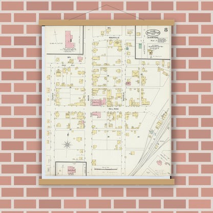 Old map wall art mockup — magnetic wood frame on brick wall — Sanborn Fire Insurance Map from Wellston, Jackson County, Ohio (1897), Sheet #0008