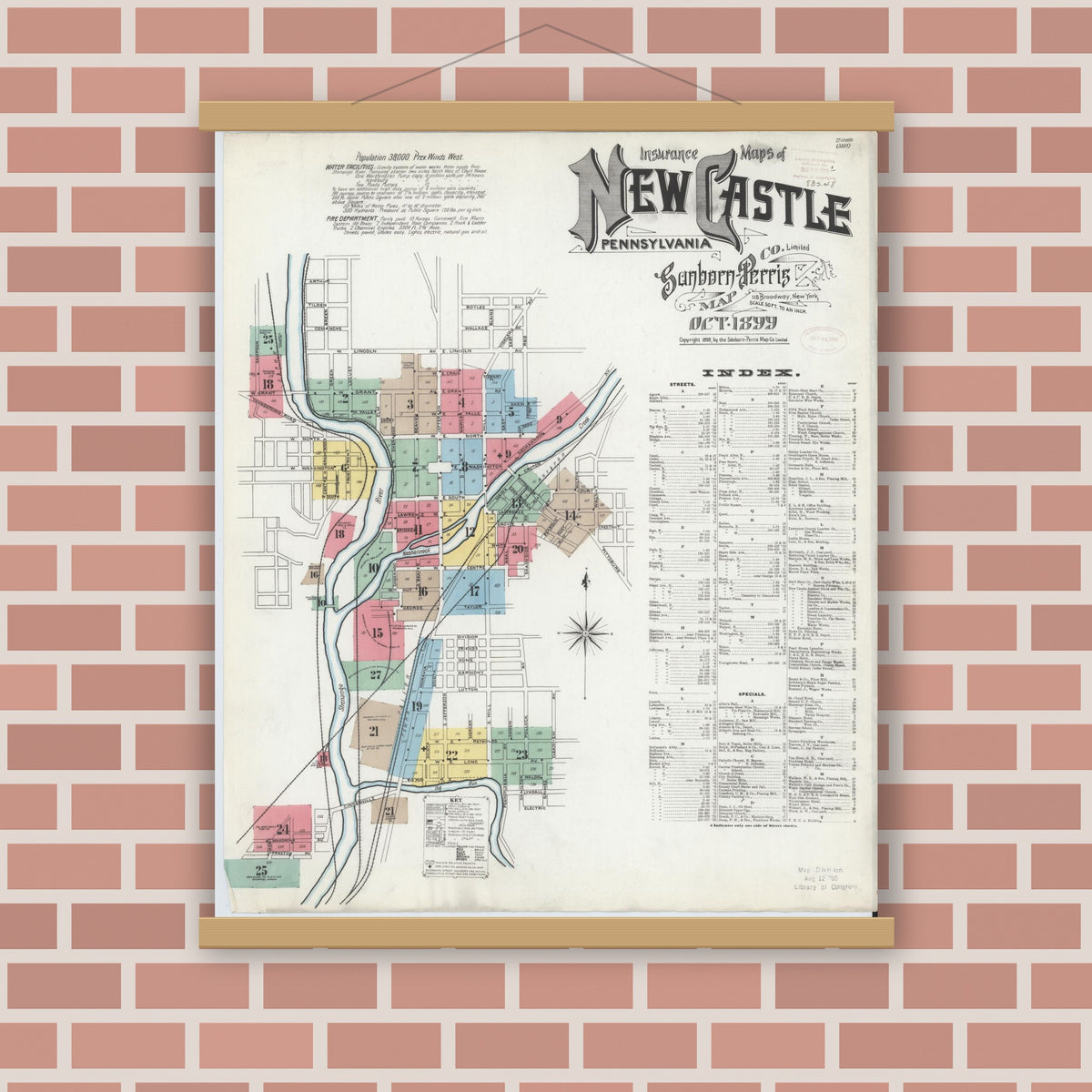 Old map wall art mockup — magnetic wood frame on brick wall — Sanborn Fire Insurance Map from New Castle, Lawrence County, Pennsylvania (1899) - Complete Map Set