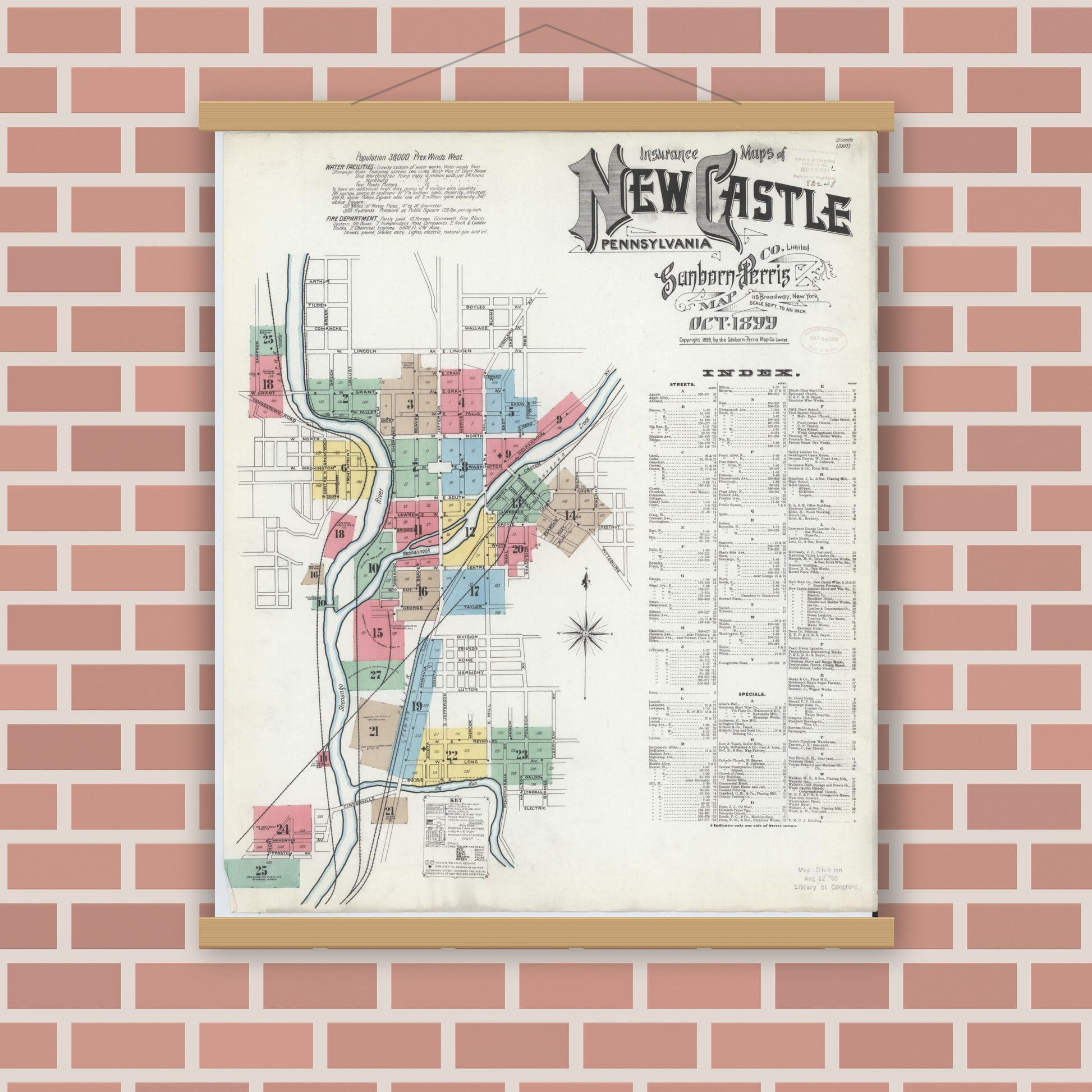 Old map wall art mockup — magnetic wood frame on brick wall — Sanborn Fire Insurance Map from New Castle, Lawrence County, Pennsylvania (1899) - Complete Map Set
