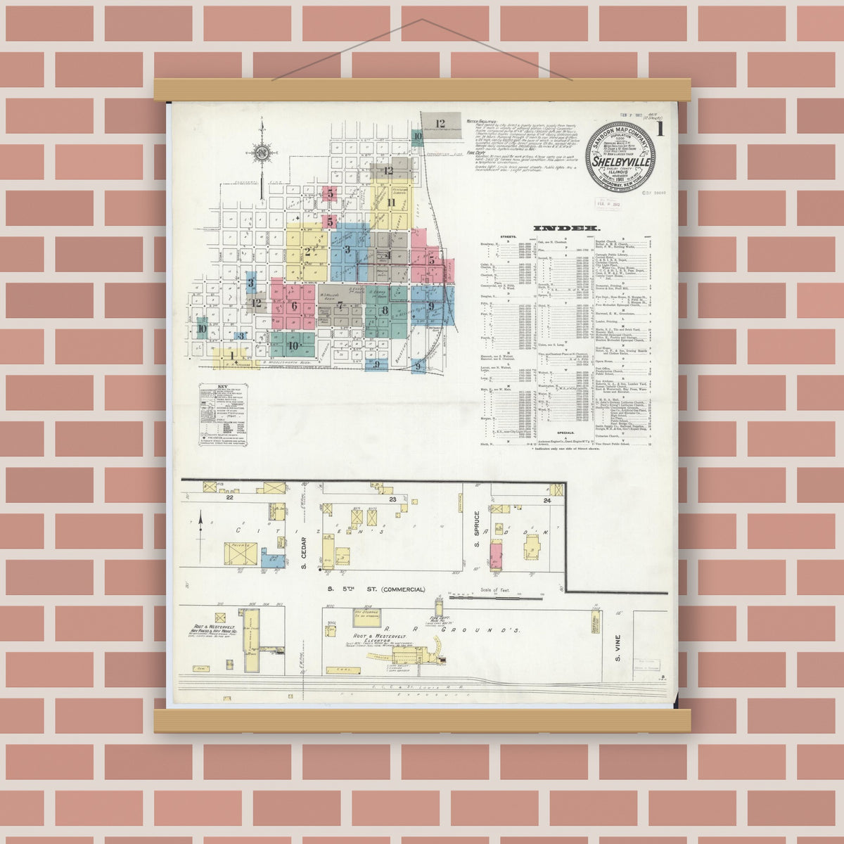 Old map wall art mockup — magnetic wood frame on brick wall — Sanborn Fire Insurance Map from Shelbyville, Shelby County, Illinois (1911) - Complete Map Set