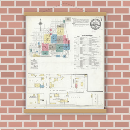 Old map wall art mockup — magnetic wood frame on brick wall — Sanborn Fire Insurance Map from Shelbyville, Shelby County, Illinois (1911) - Complete Map Set