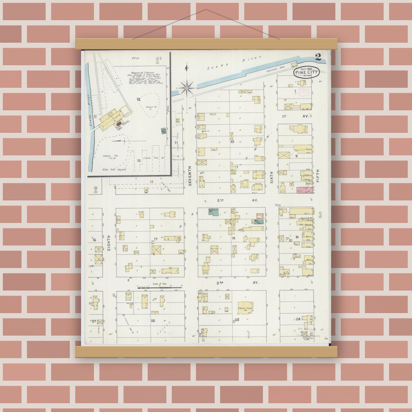 Old map wall art mockup — magnetic wood frame on brick wall — Sanborn Fire Insurance Map from Pine City, Pine County, Minnesota (1894), Sheet #0002