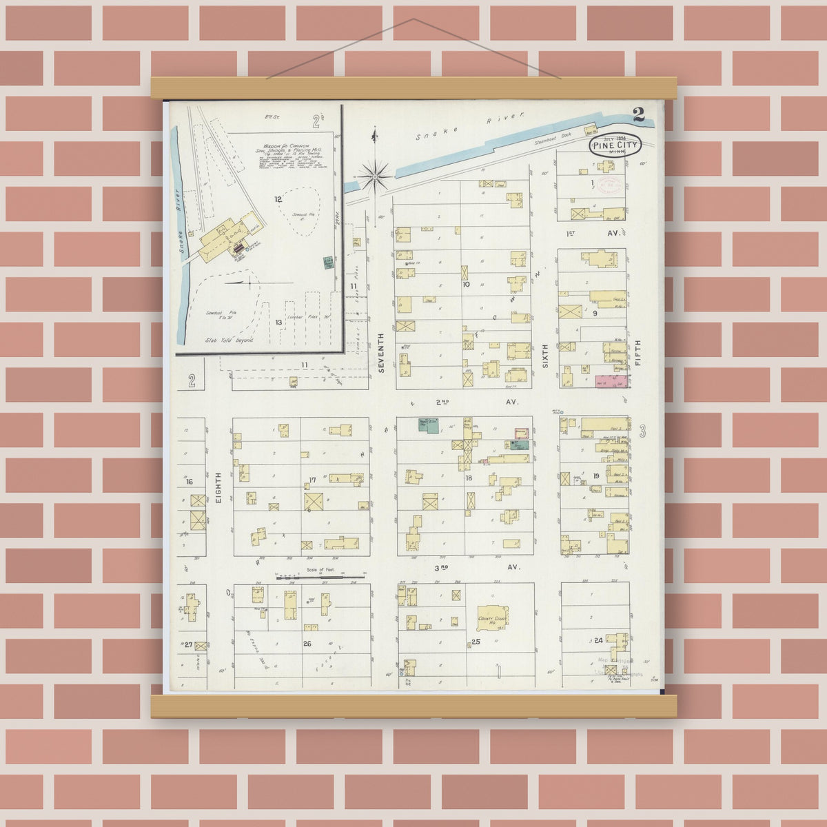 Old map wall art mockup — magnetic wood frame on brick wall — Sanborn Fire Insurance Map from Pine City, Pine County, Minnesota (1894), Sheet #0002