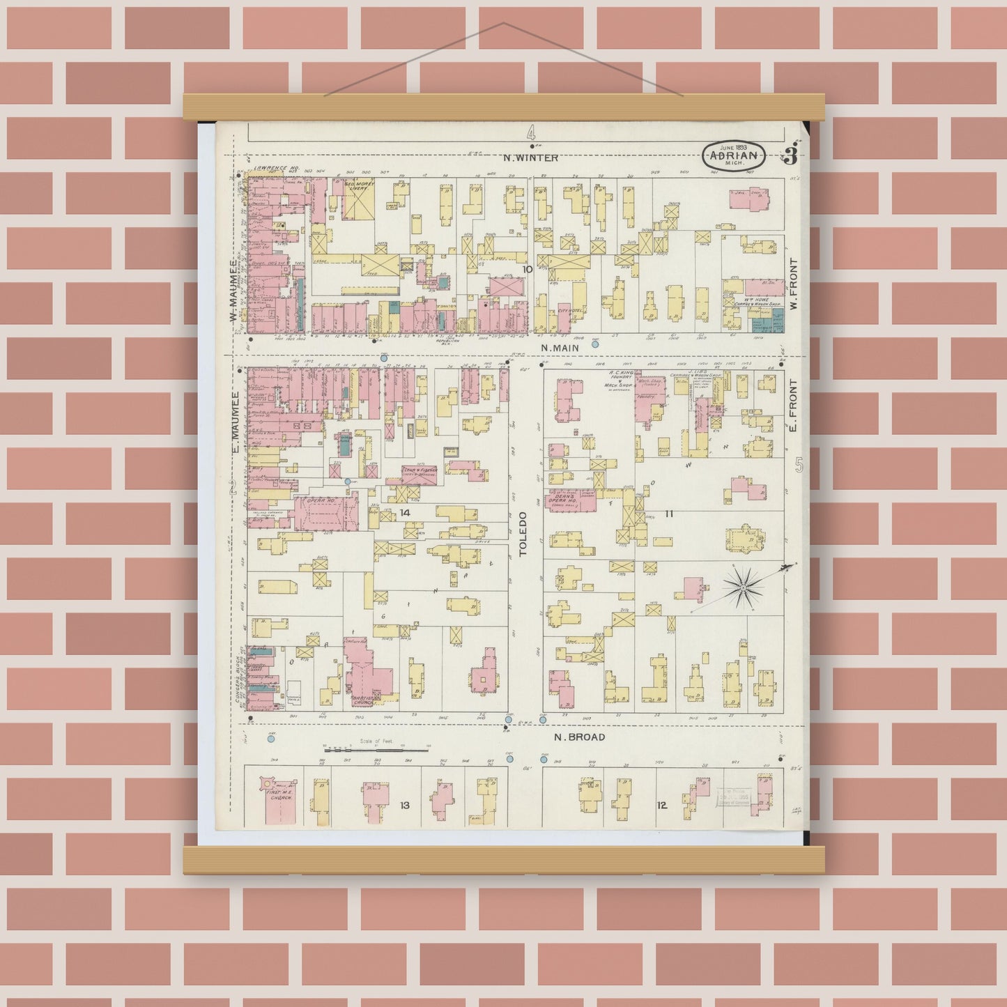 Old map wall art mockup — magnetic wood frame on brick wall — Sanborn Fire Insurance Map from Adrian, Lenawee County, Michigan (1893), Sheet #0003