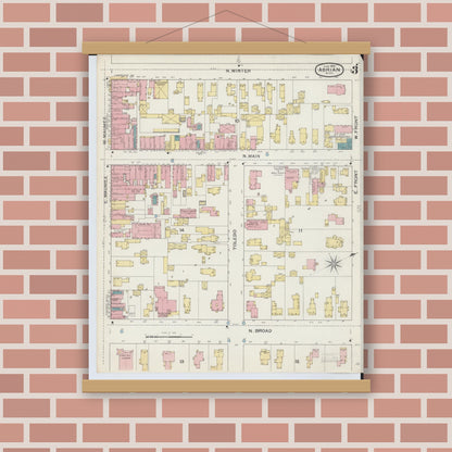 Old map wall art mockup — magnetic wood frame on brick wall — Sanborn Fire Insurance Map from Adrian, Lenawee County, Michigan (1893), Sheet #0003