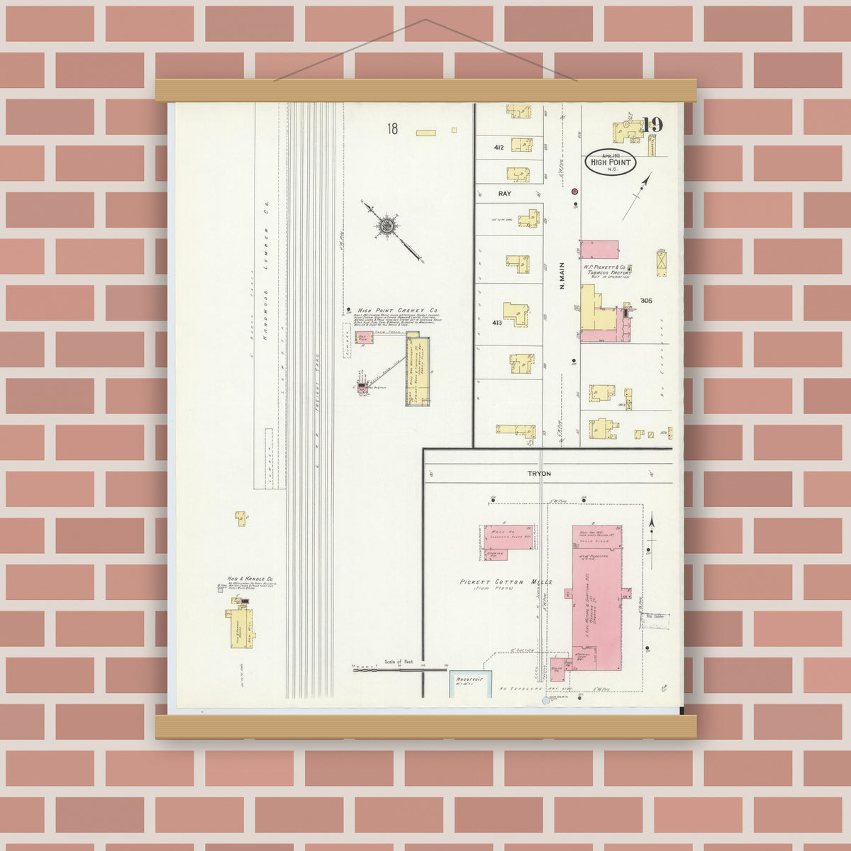 Old map wall art mockup — magnetic wood frame on brick wall — Sanborn Fire Insurance Map from High Point, Guilford County, North Carolina (1911), Sheet #0019