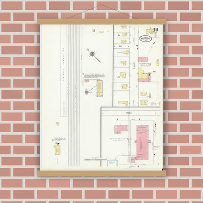 Old map wall art mockup — magnetic wood frame on brick wall — Sanborn Fire Insurance Map from High Point, Guilford County, North Carolina (1911), Sheet #0019