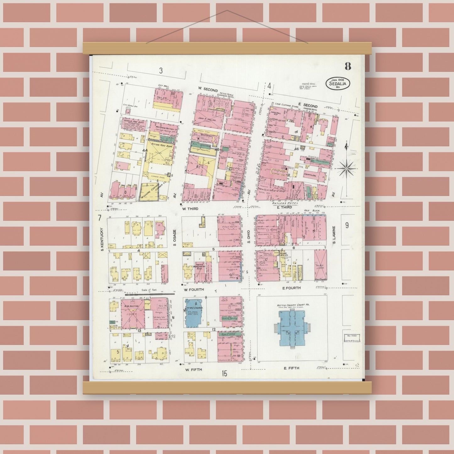 Old map wall art mockup — magnetic wood frame on brick wall — Sanborn Fire Insurance Map from Sedalia, Pettis County, Missouri (1908), Sheet #0008