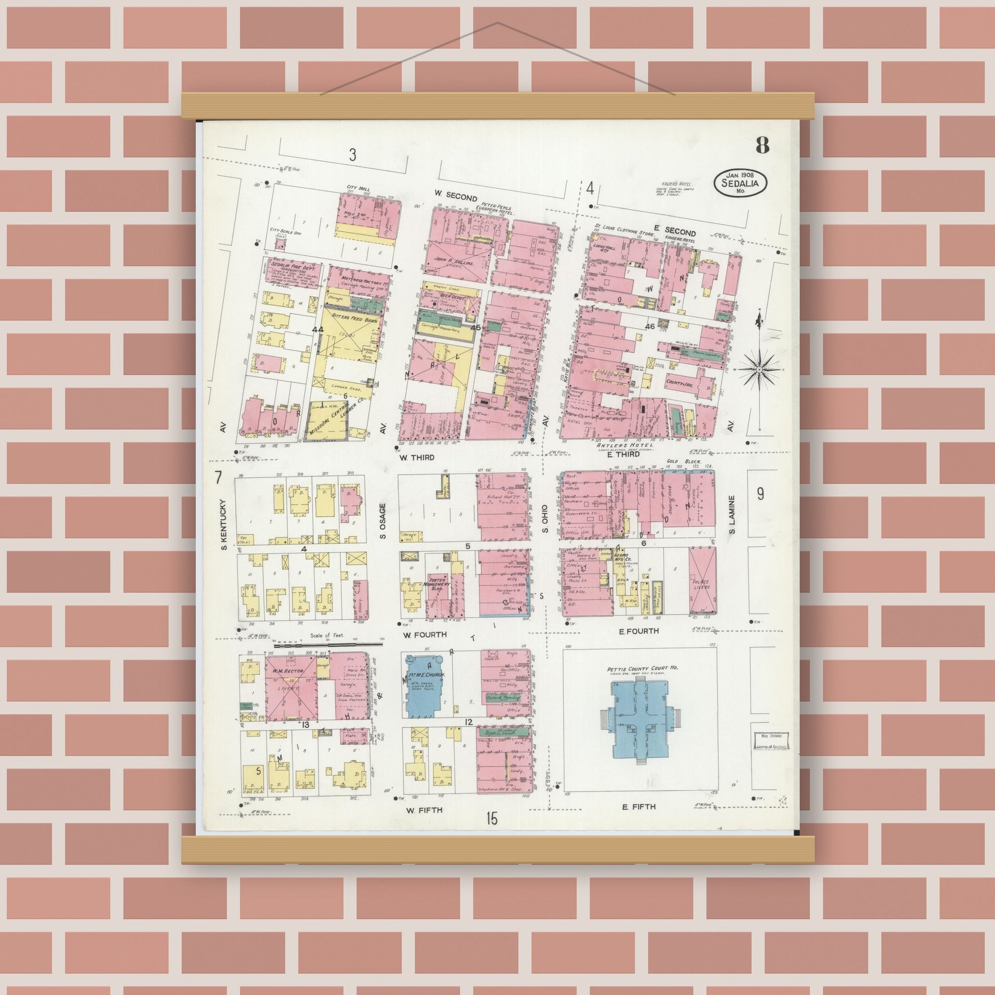 Old map wall art mockup — magnetic wood frame on brick wall — Sanborn Fire Insurance Map from Sedalia, Pettis County, Missouri (1908), Sheet #0008