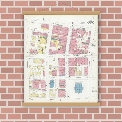 Old map wall art mockup — magnetic wood frame on brick wall — Sanborn Fire Insurance Map from Sedalia, Pettis County, Missouri (1908), Sheet #0008