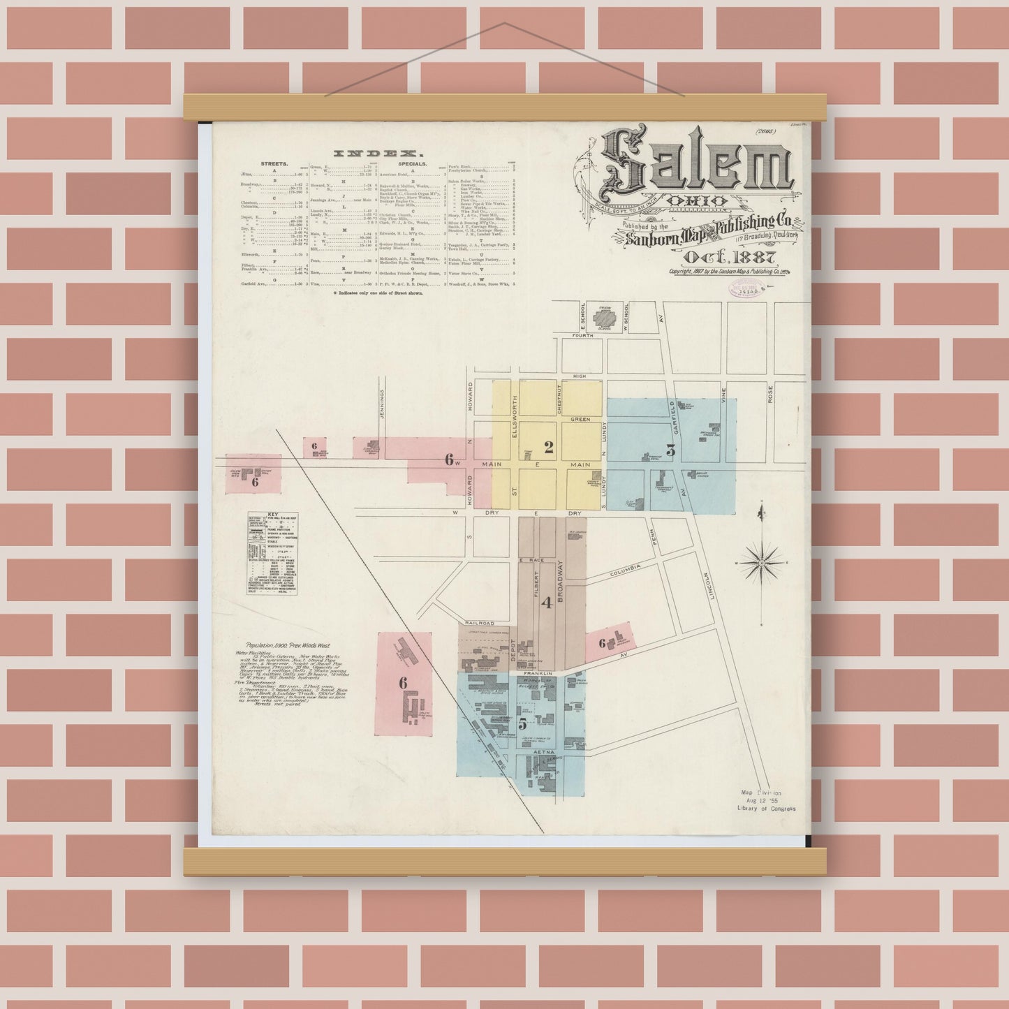 Old map wall art mockup — magnetic wood frame on brick wall — Sanborn Fire Insurance Map from Salem, Columbiana County, Ohio (1887), Sheet #0001