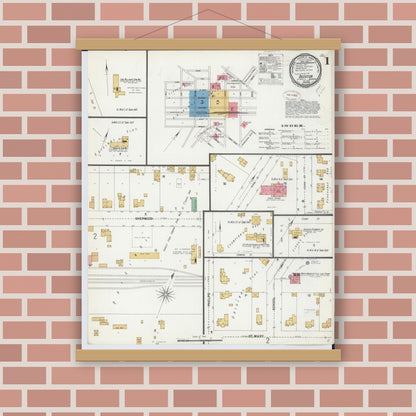 Old map wall art mockup — magnetic wood frame on brick wall — Sanborn Fire Insurance Map from Decatur, Van Buren County, Michigan (1899), Sheet #0001