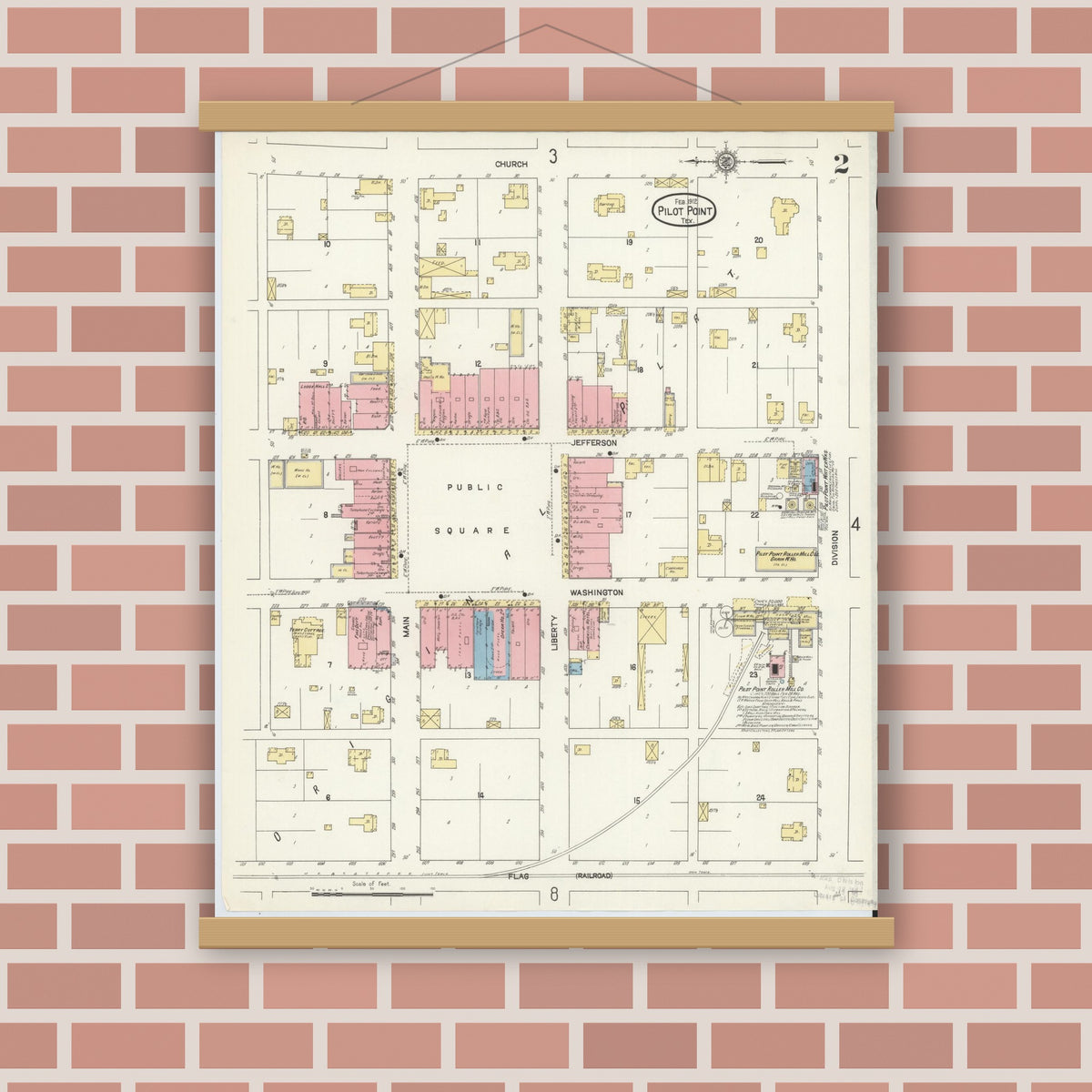 Old map wall art mockup — magnetic wood frame on brick wall — Sanborn Fire Insurance Map from Pilot Point, Denton County, Texas (1912), Sheet #0002