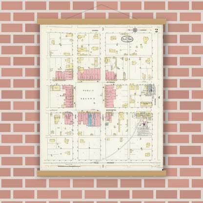 Old map wall art mockup — magnetic wood frame on brick wall — Sanborn Fire Insurance Map from Pilot Point, Denton County, Texas (1912), Sheet #0002