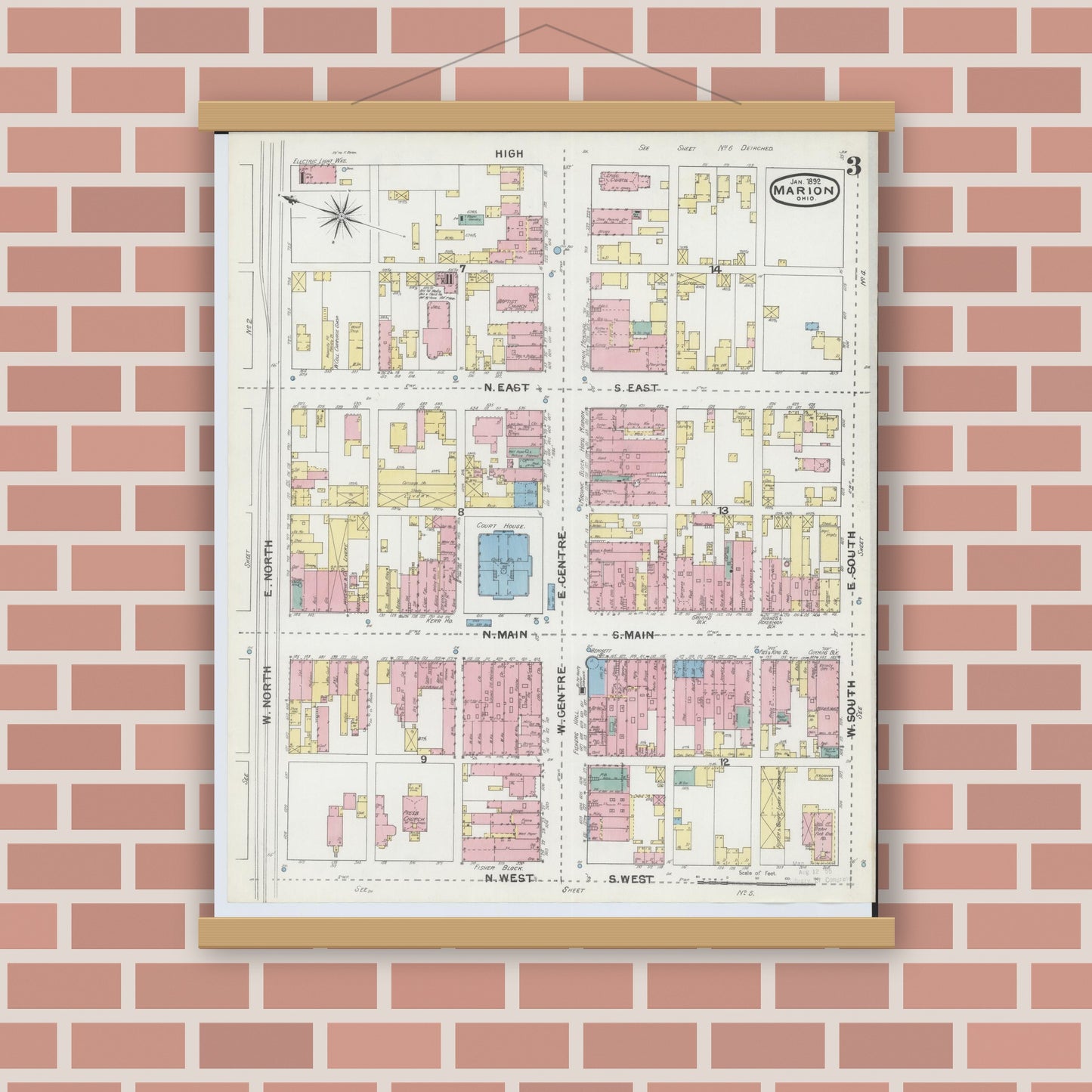 Old map wall art mockup — magnetic wood frame on brick wall — Sanborn Fire Insurance Map from Marion, Marion County, Ohio (1892), Sheet #0003