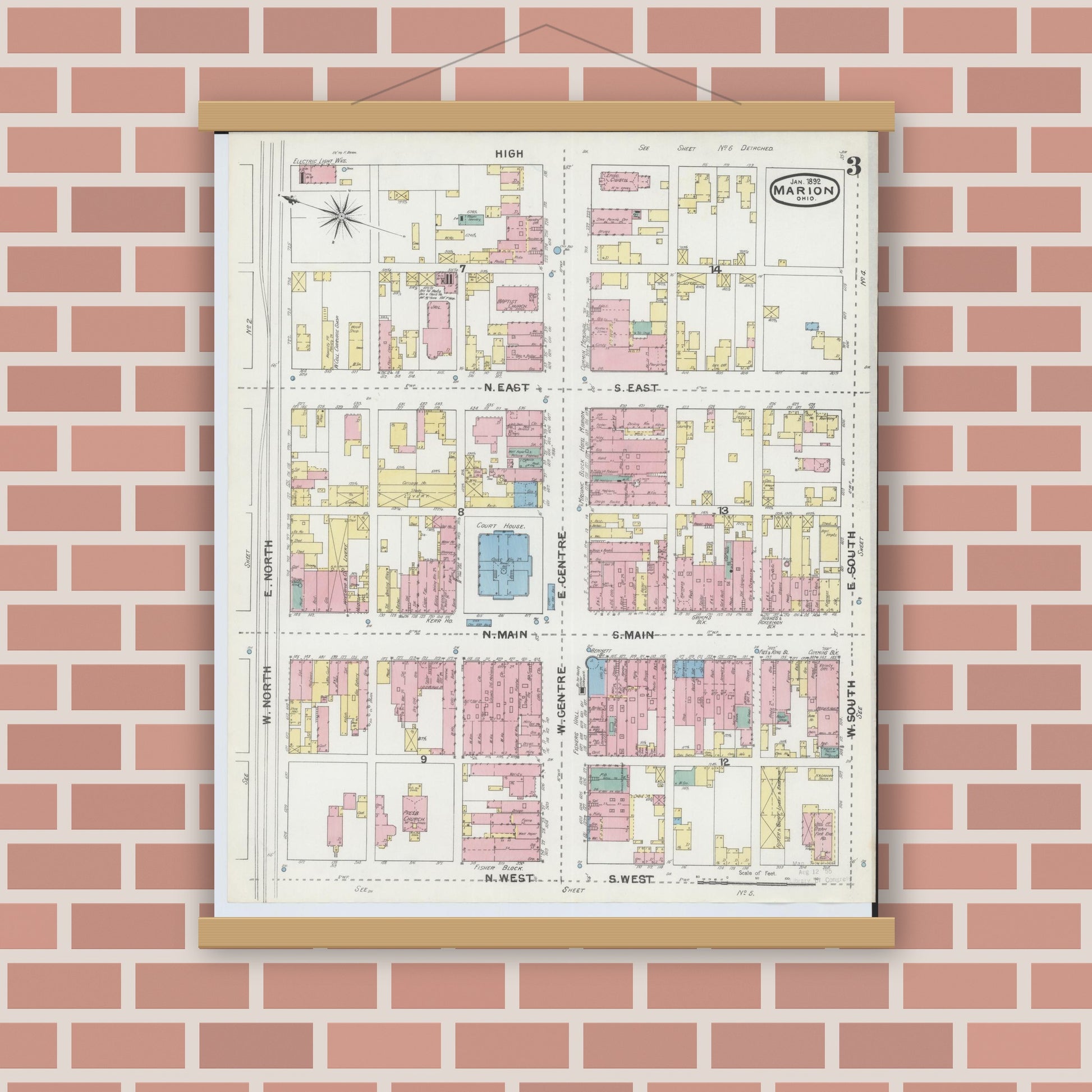 Old map wall art mockup — magnetic wood frame on brick wall — Sanborn Fire Insurance Map from Marion, Marion County, Ohio (1892), Sheet #0003