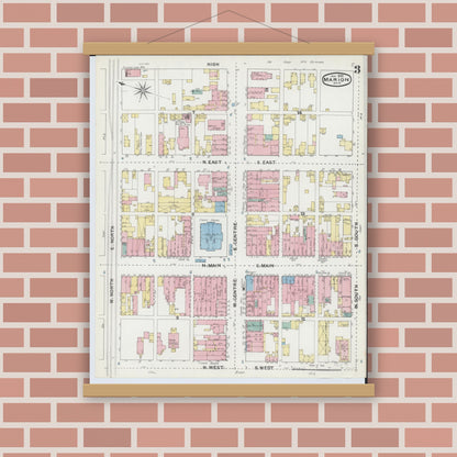 Old map wall art mockup — magnetic wood frame on brick wall — Sanborn Fire Insurance Map from Marion, Marion County, Ohio (1892), Sheet #0003