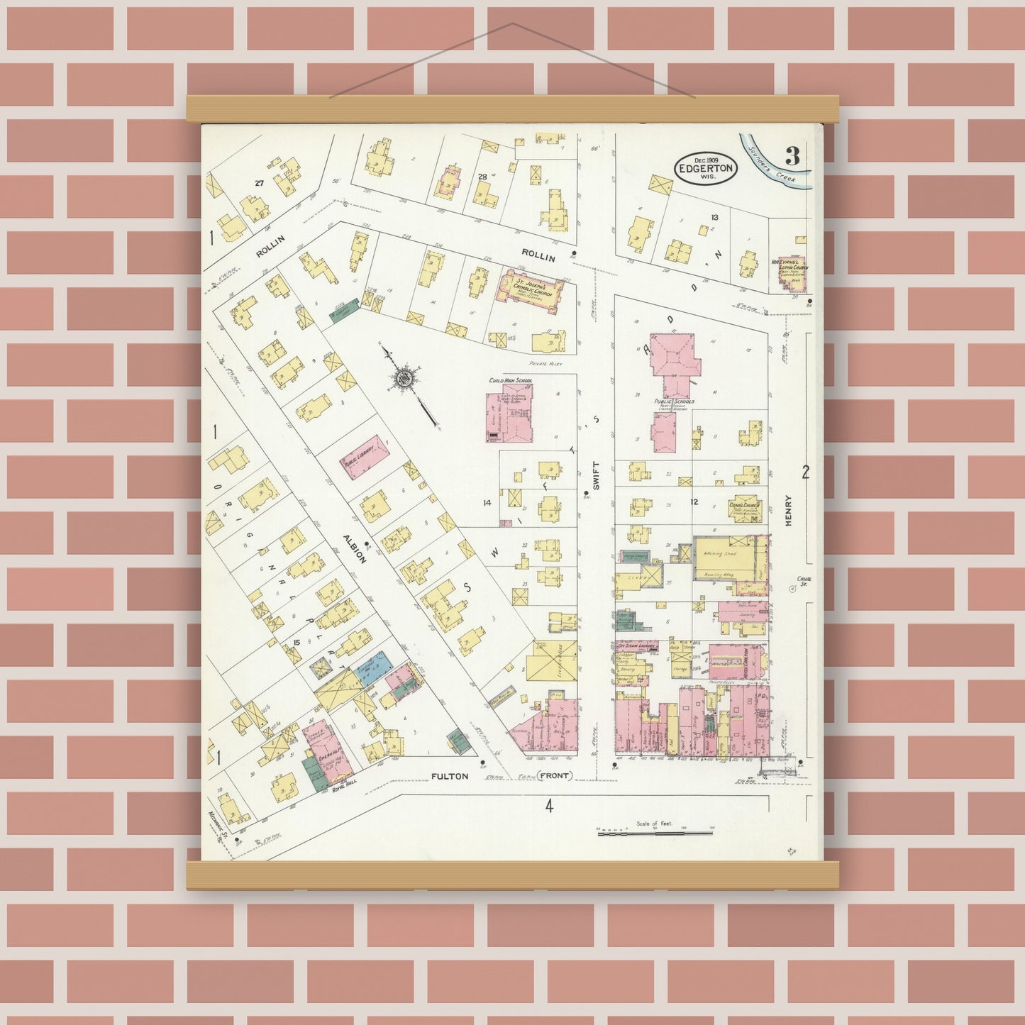 Old map wall art mockup — magnetic wood frame on brick wall — Sanborn Fire Insurance Map from Edgerton, Rock County, Wisconsin (1909), Sheet #0003
