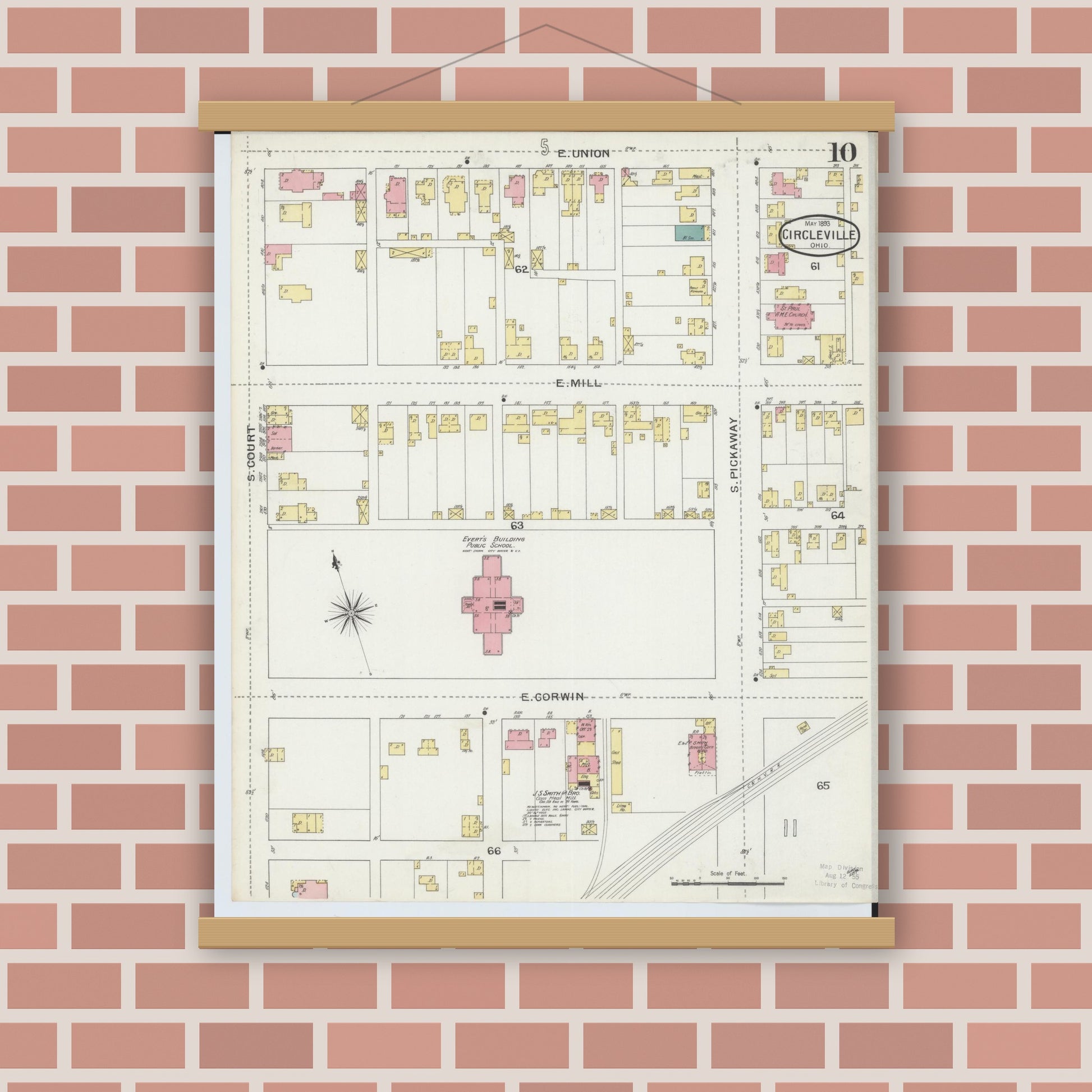 Old map wall art mockup — magnetic wood frame on brick wall — Sanborn Fire Insurance Map from Circleville, Pickaway County, Ohio (1893), Sheet #0010