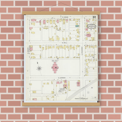Old map wall art mockup — magnetic wood frame on brick wall — Sanborn Fire Insurance Map from Circleville, Pickaway County, Ohio (1893), Sheet #0010