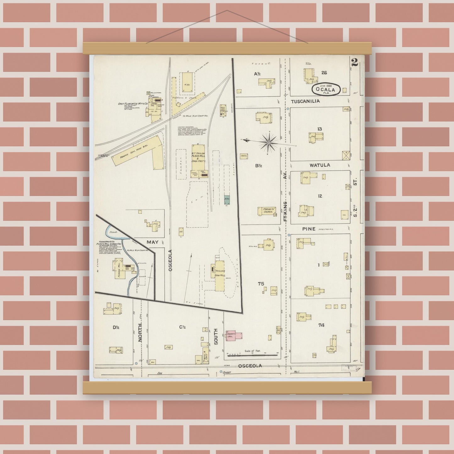 Old map wall art mockup — magnetic wood frame on brick wall — Sanborn Fire Insurance Map from Ocala, Marion County, Florida (1888), Sheet #0002