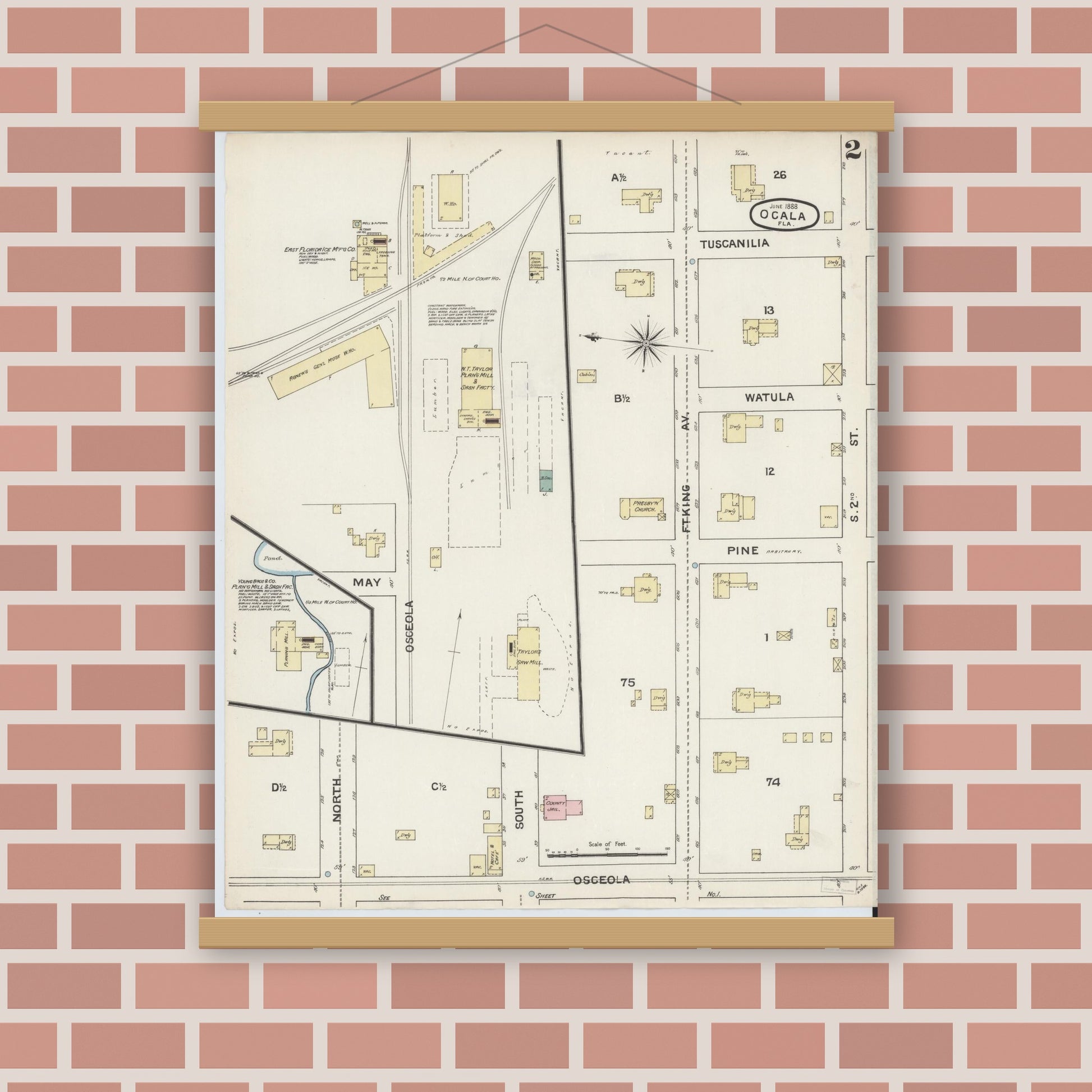 Old map wall art mockup — magnetic wood frame on brick wall — Sanborn Fire Insurance Map from Ocala, Marion County, Florida (1888), Sheet #0002
