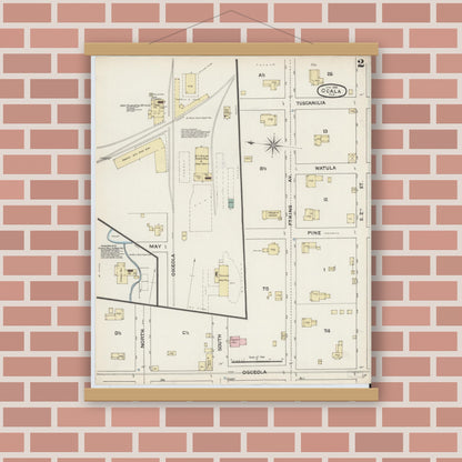 Old map wall art mockup — magnetic wood frame on brick wall — Sanborn Fire Insurance Map from Ocala, Marion County, Florida (1888), Sheet #0002