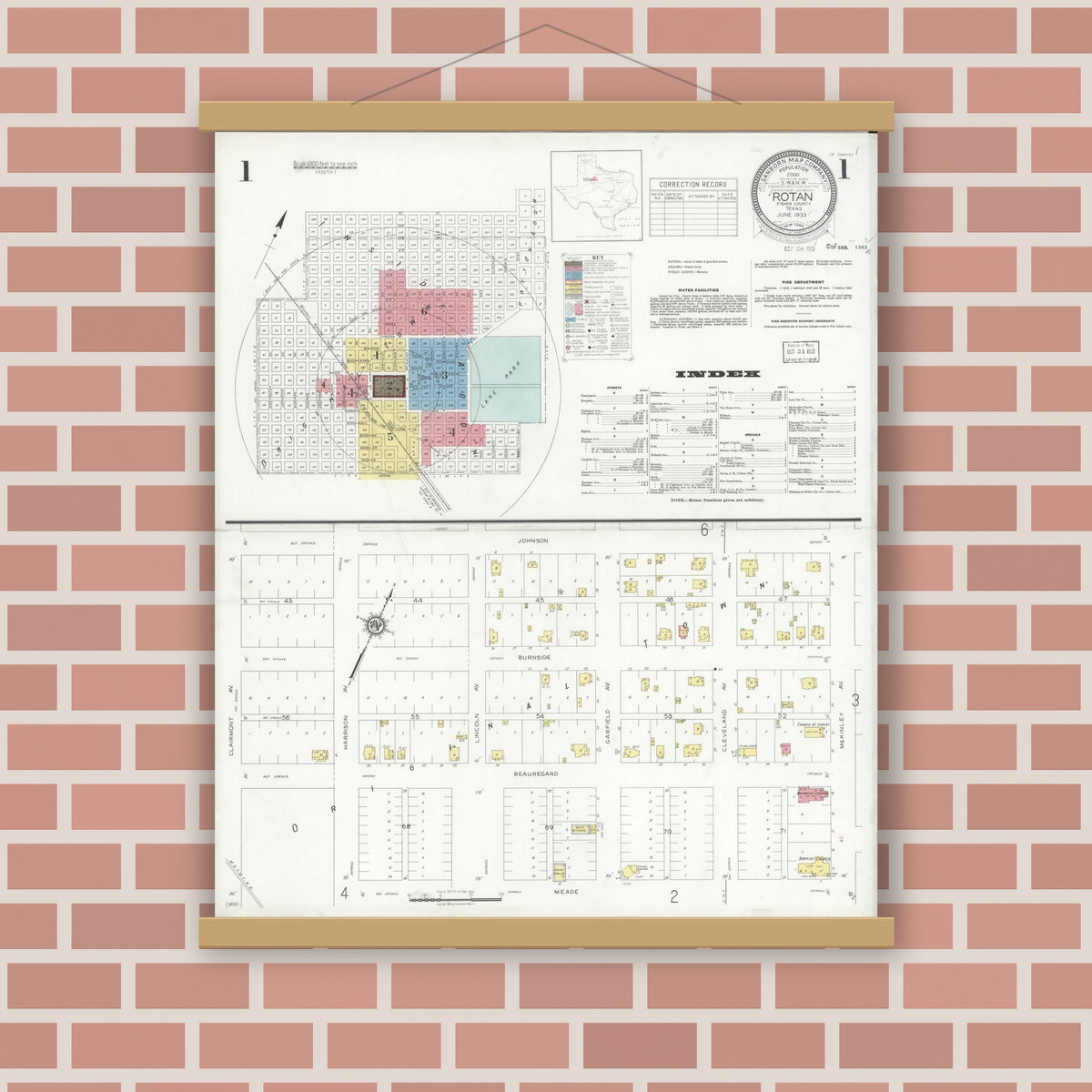 Old map wall art mockup — magnetic wood frame on brick wall — Sanborn Fire Insurance Map from Rotan, Fisher County, Texas (1933) - Complete Map Set
