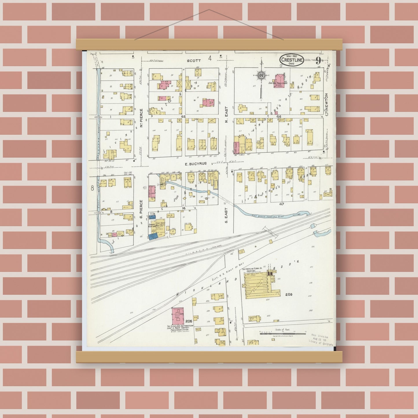 Old map wall art mockup — magnetic wood frame on brick wall — Sanborn Fire Insurance Map from Crestline, Crawford County, Ohio (1921), Sheet #0009
