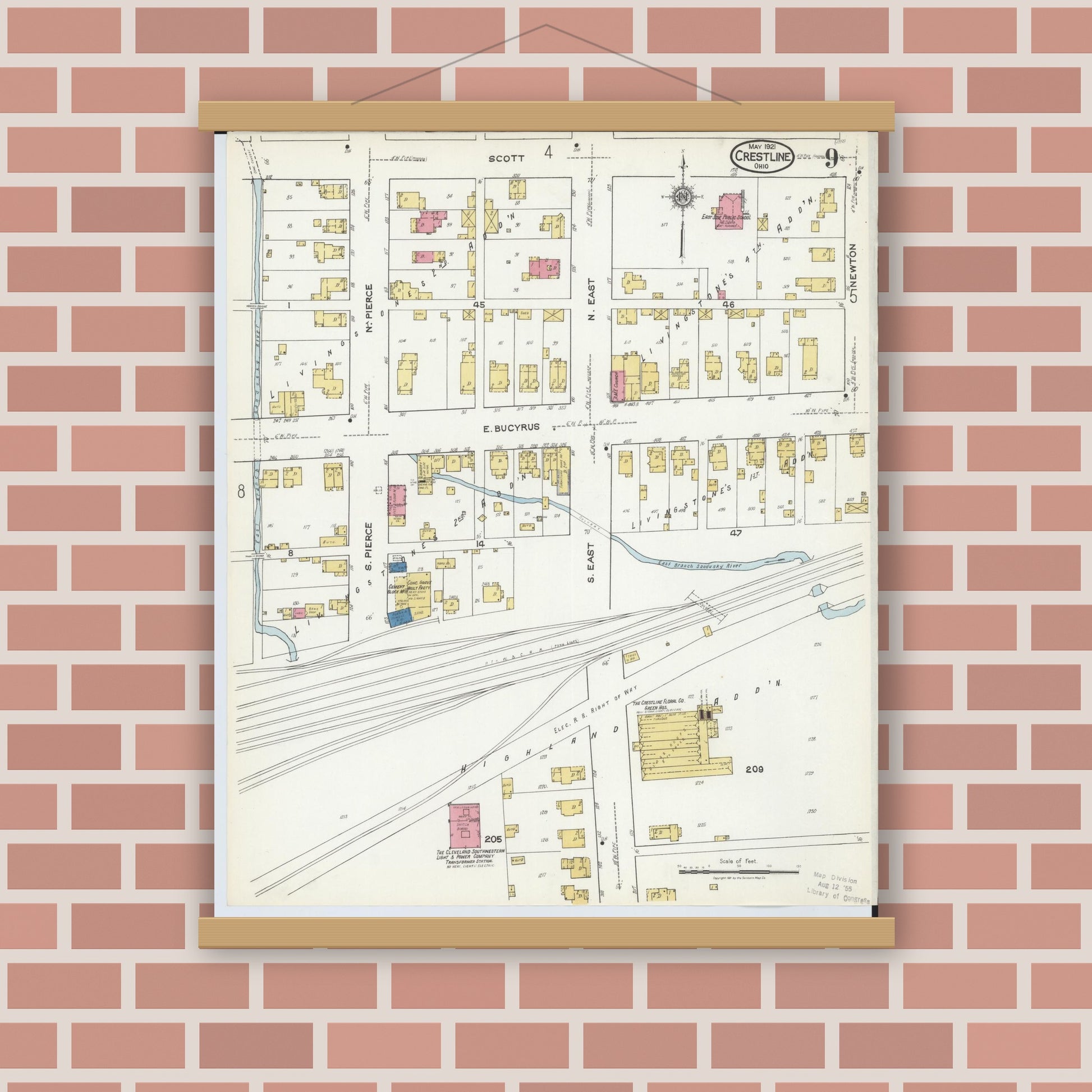 Old map wall art mockup — magnetic wood frame on brick wall — Sanborn Fire Insurance Map from Crestline, Crawford County, Ohio (1921), Sheet #0009
