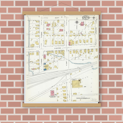 Old map wall art mockup — magnetic wood frame on brick wall — Sanborn Fire Insurance Map from Crestline, Crawford County, Ohio (1921), Sheet #0009