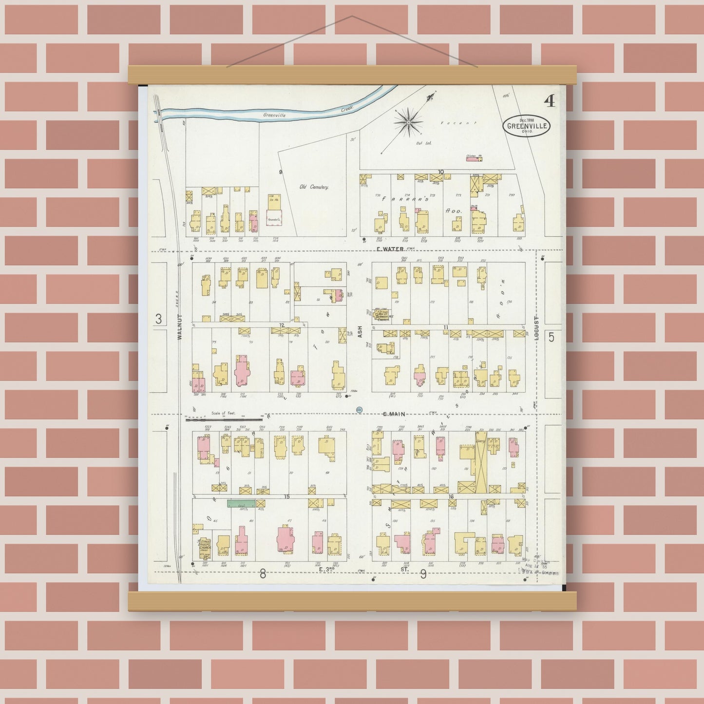 Old map wall art mockup — magnetic wood frame on brick wall — Sanborn Fire Insurance Map from Greenville, Darke County, Ohio (1898), Sheet #0004