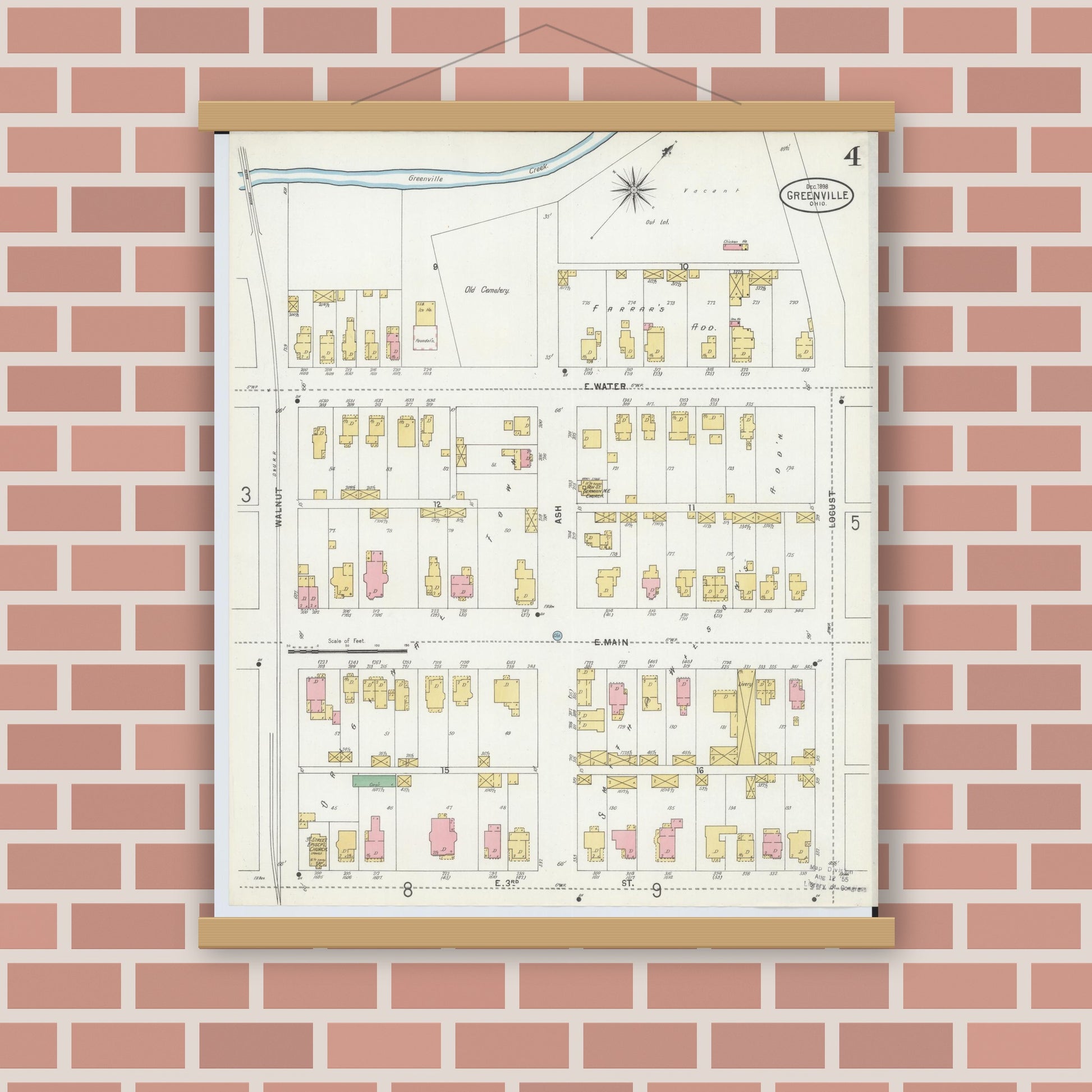 Old map wall art mockup — magnetic wood frame on brick wall — Sanborn Fire Insurance Map from Greenville, Darke County, Ohio (1898), Sheet #0004