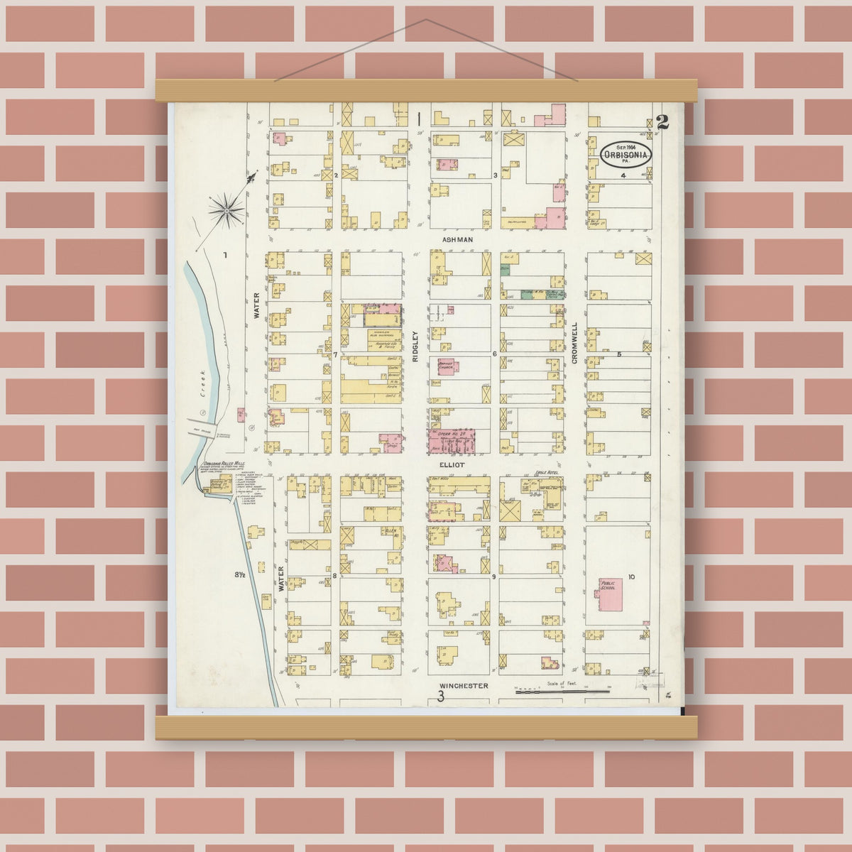 Old map wall art mockup — magnetic wood frame on brick wall — Sanborn Fire Insurance Map from Orbisonia, Huntingdon County, Pennsylvania (1904), Sheet #0002