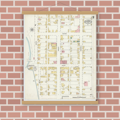 Old map wall art mockup — magnetic wood frame on brick wall — Sanborn Fire Insurance Map from Orbisonia, Huntingdon County, Pennsylvania (1904), Sheet #0002