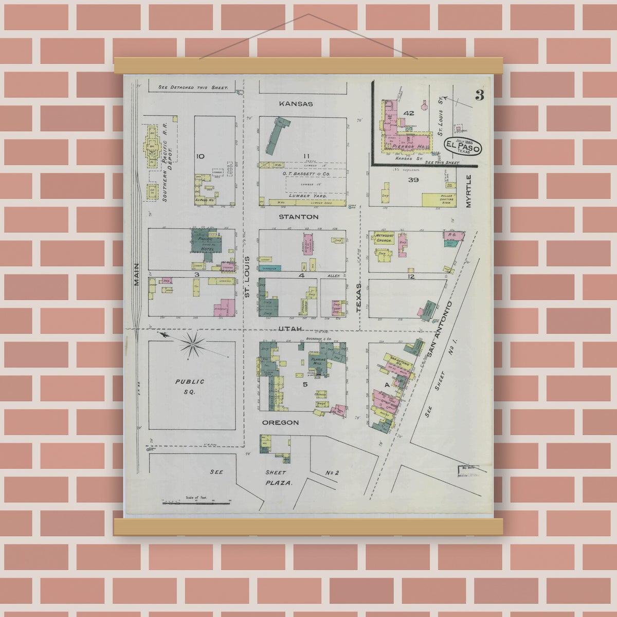Old map wall art mockup — magnetic wood frame on brick wall — Sanborn Fire Insurance Map from El Paso, El Paso County, Texas (1885), Sheet #0003