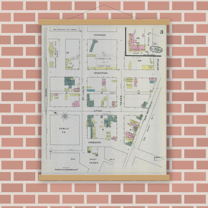 Old map wall art mockup — magnetic wood frame on brick wall — Sanborn Fire Insurance Map from El Paso, El Paso County, Texas (1885), Sheet #0003