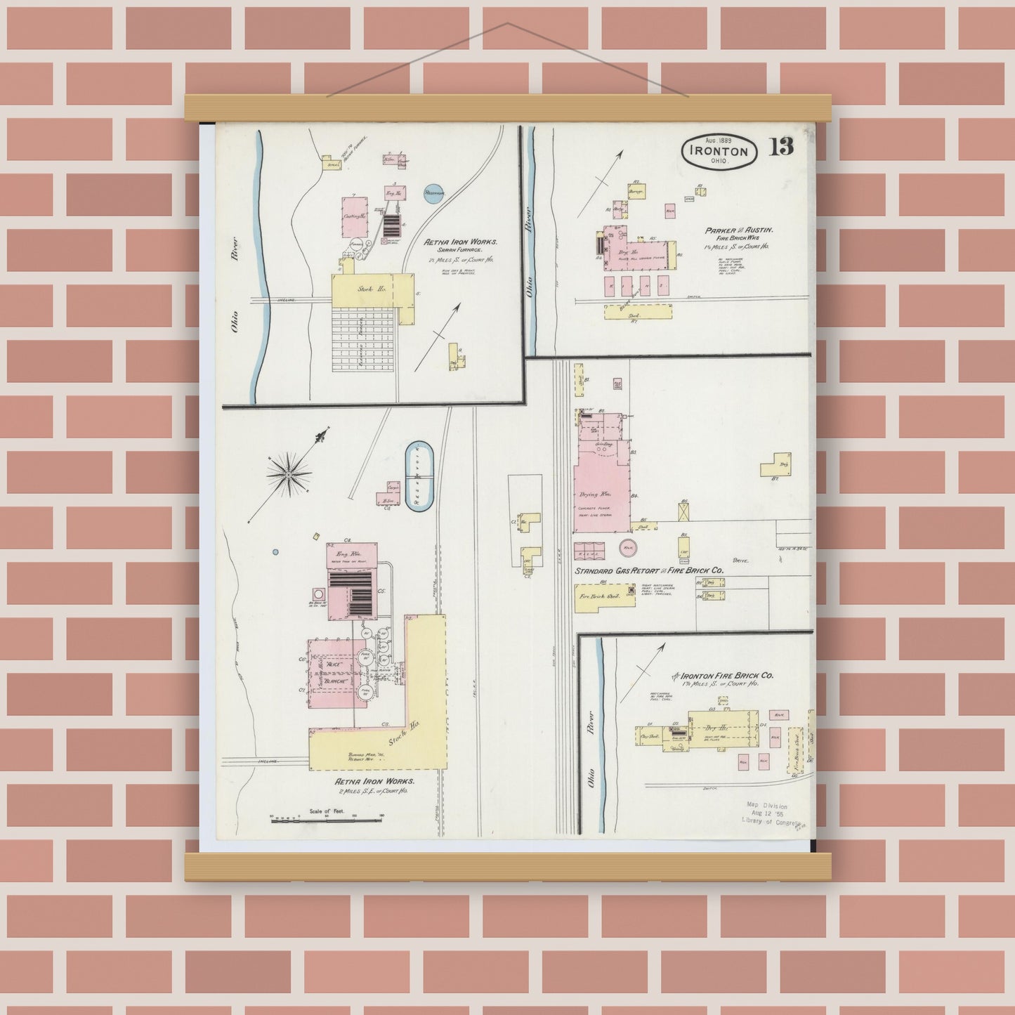 Old map wall art mockup — magnetic wood frame on brick wall — Sanborn Fire Insurance Map from Ironton, Lawrence County, Ohio (1889), Sheet #0013