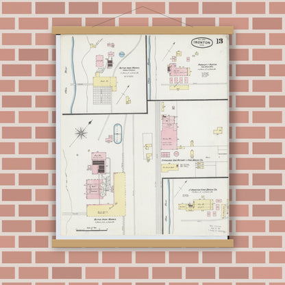 Old map wall art mockup — magnetic wood frame on brick wall — Sanborn Fire Insurance Map from Ironton, Lawrence County, Ohio (1889), Sheet #0013
