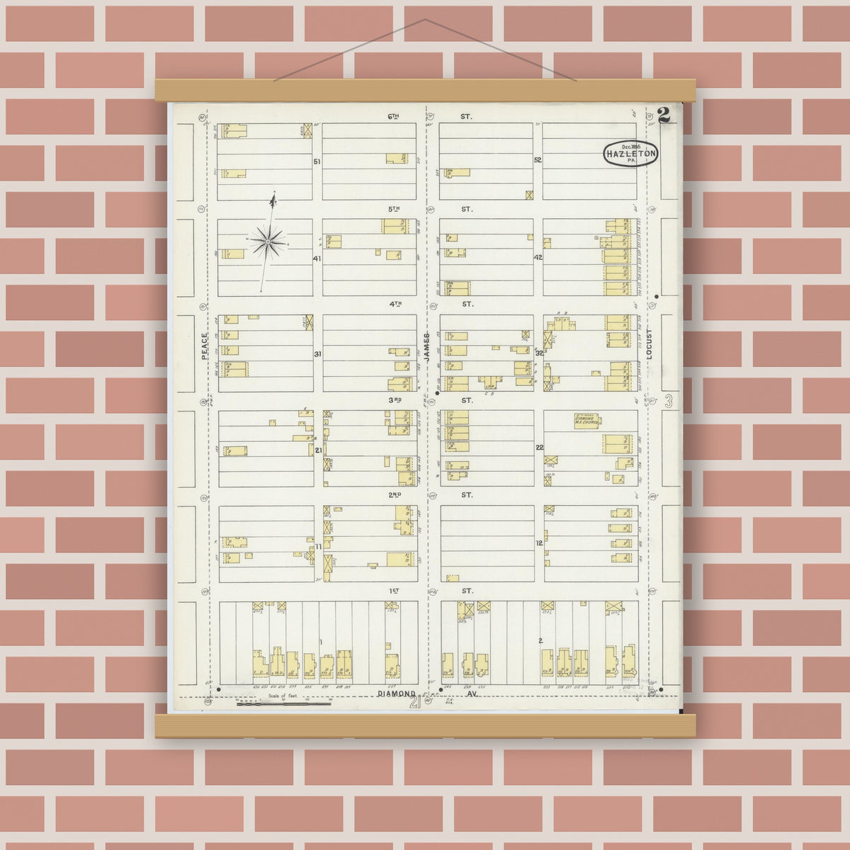 Old map wall art mockup — magnetic wood frame on brick wall — Sanborn Fire Insurance Map from Hazleton, Luzerne County, Pennsylvania (1895), Sheet #0002