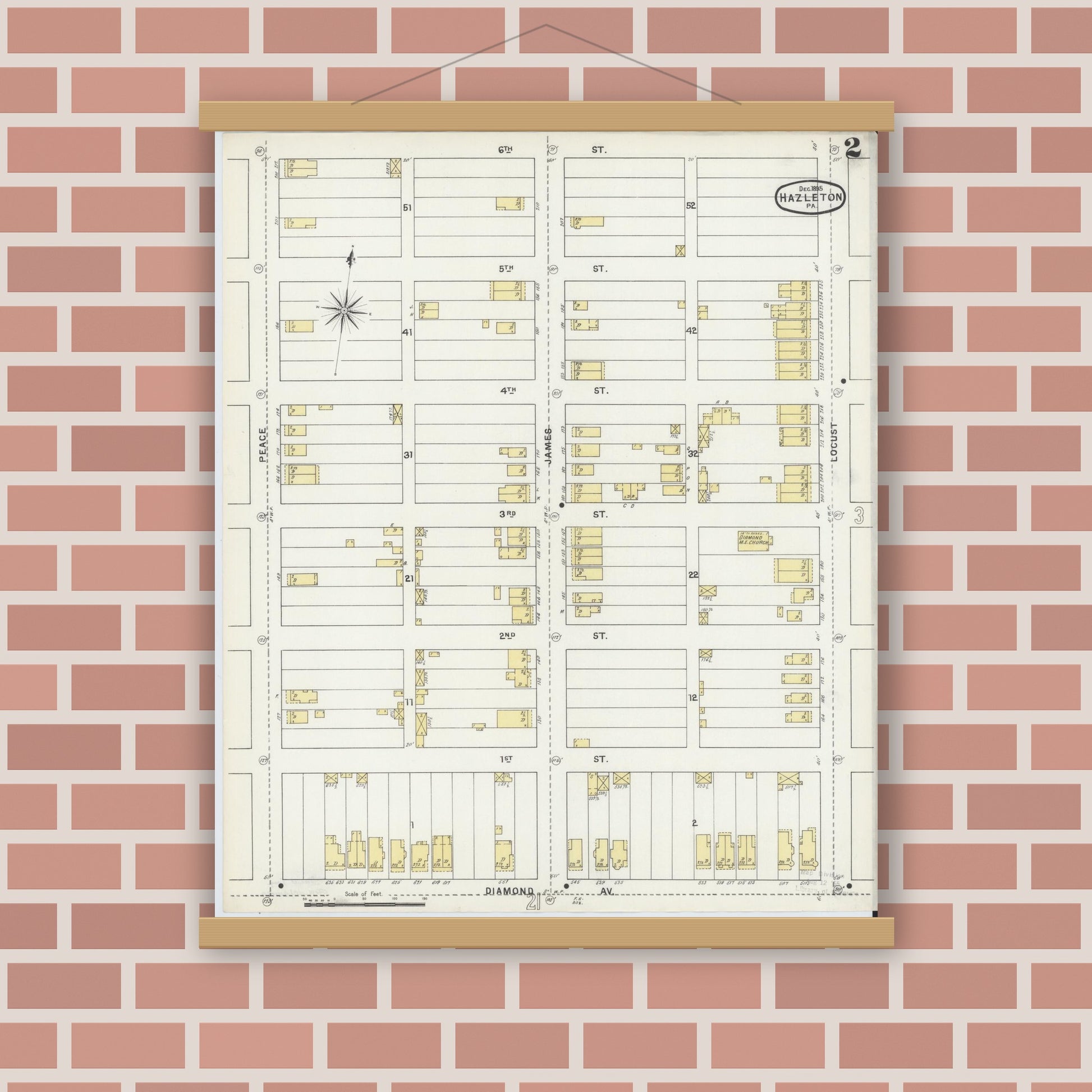 Old map wall art mockup — magnetic wood frame on brick wall — Sanborn Fire Insurance Map from Hazleton, Luzerne County, Pennsylvania (1895), Sheet #0002