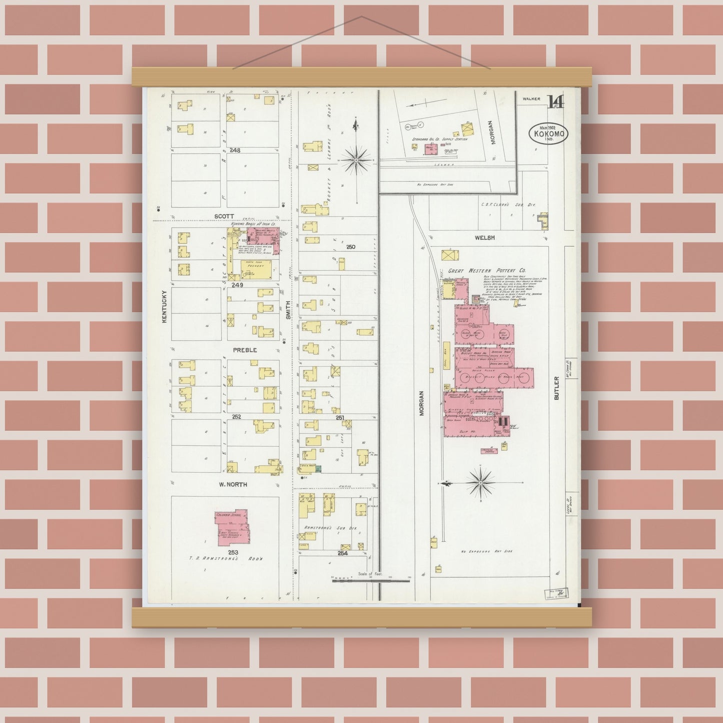 Old map wall art mockup — magnetic wood frame on brick wall — Sanborn Fire Insurance Map from Kokomo, Howard County, Indiana (1902), Sheet #0014