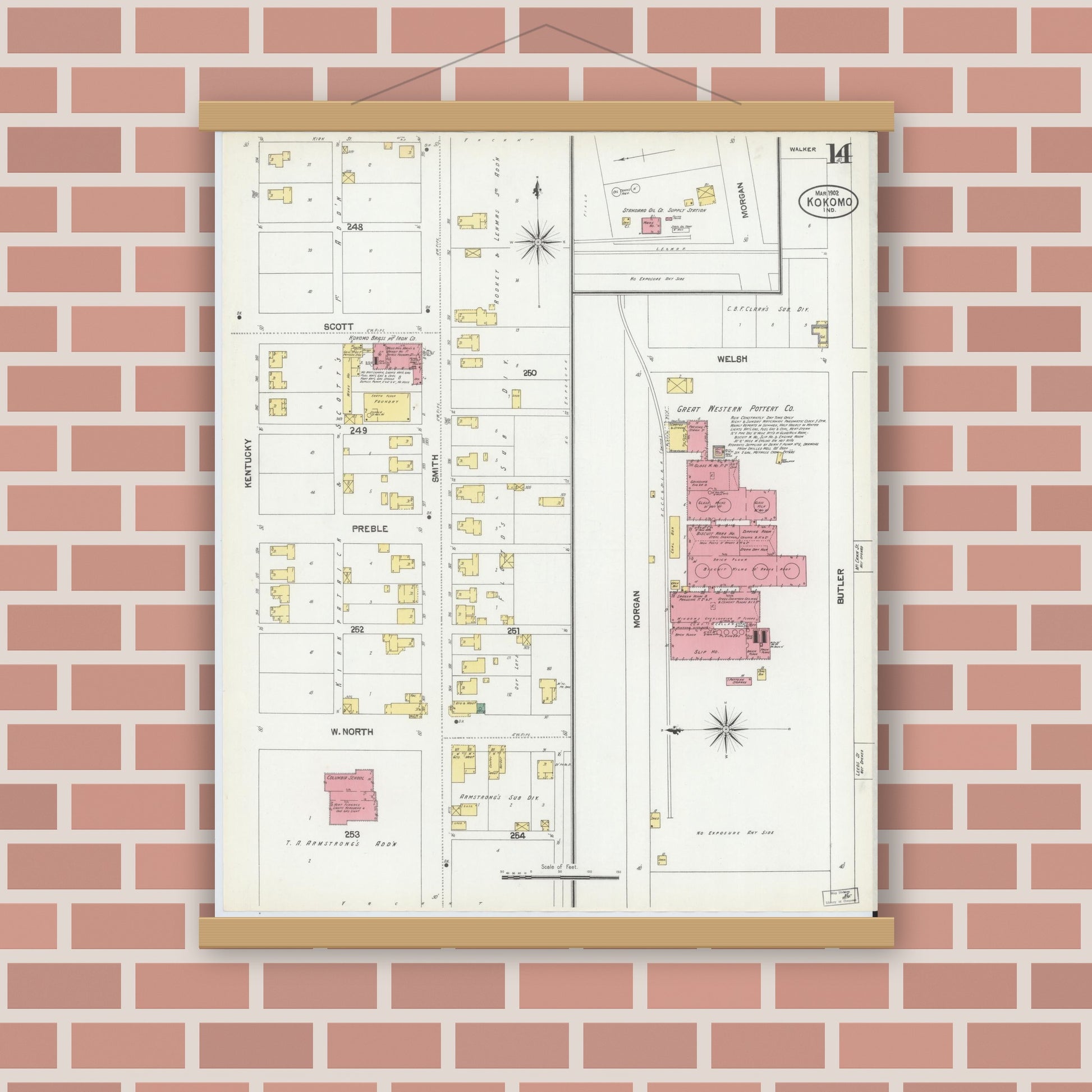 Old map wall art mockup — magnetic wood frame on brick wall — Sanborn Fire Insurance Map from Kokomo, Howard County, Indiana (1902), Sheet #0014