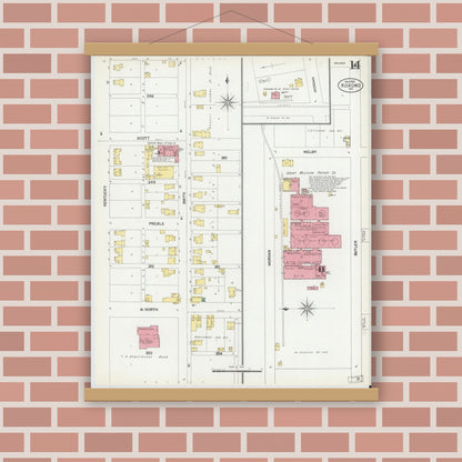 Old map wall art mockup — magnetic wood frame on brick wall — Sanborn Fire Insurance Map from Kokomo, Howard County, Indiana (1902), Sheet #0014