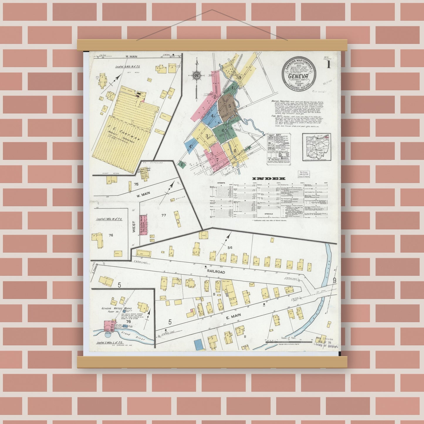 Old map wall art mockup — magnetic wood frame on brick wall — Sanborn Fire Insurance Map from Geneva, Ashtabula County, Ohio (1919), Sheet #0001