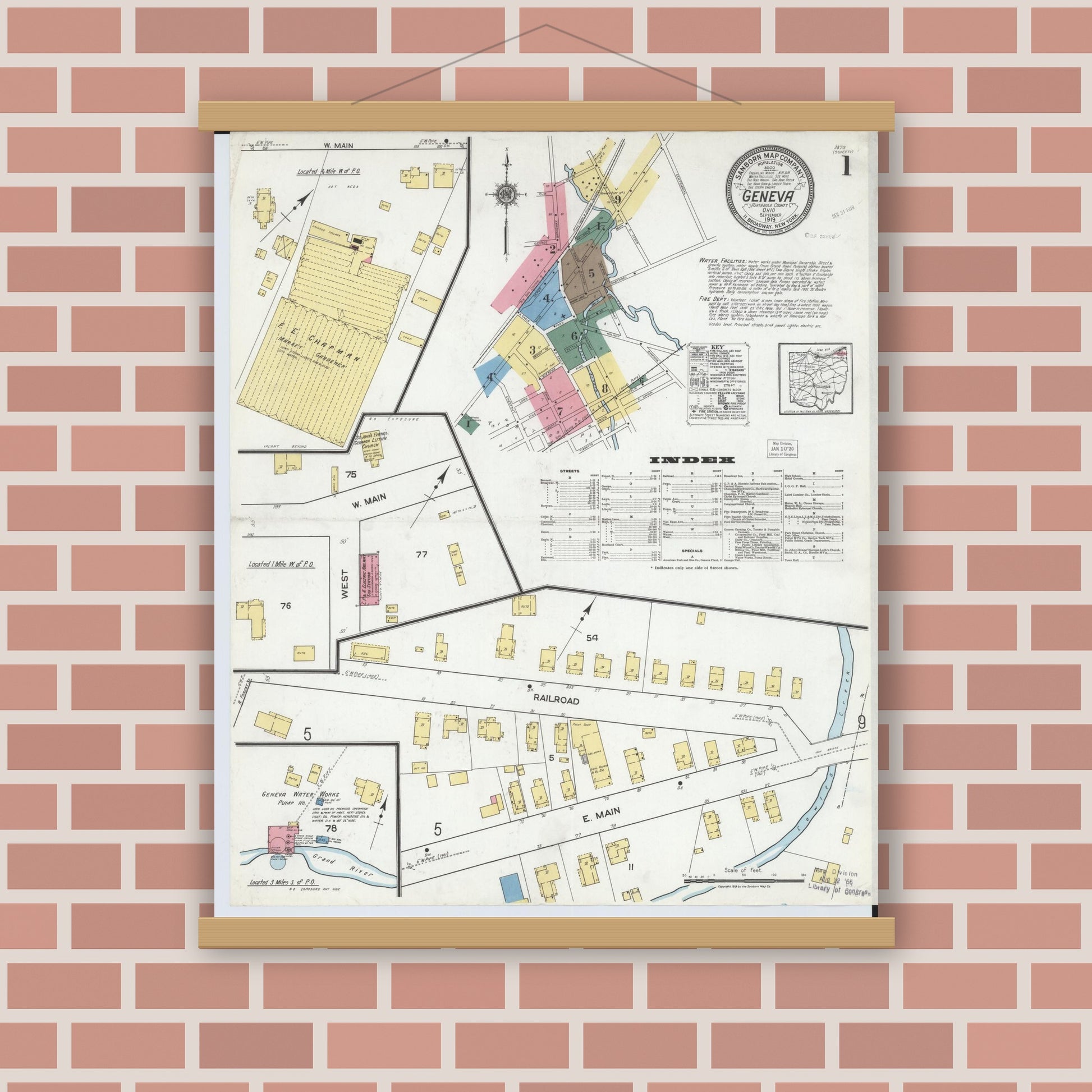 Old map wall art mockup — magnetic wood frame on brick wall — Sanborn Fire Insurance Map from Geneva, Ashtabula County, Ohio (1919), Sheet #0001