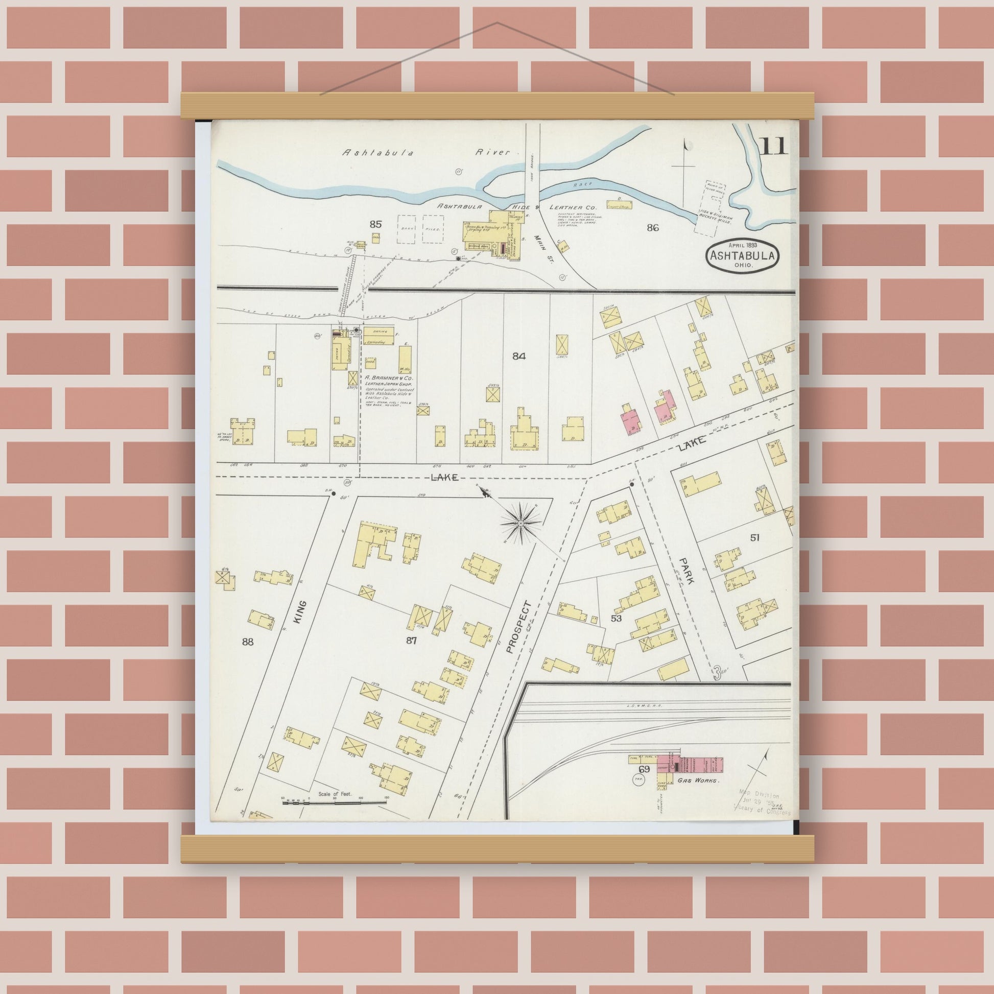 Old map wall art mockup — magnetic wood frame on brick wall — Sanborn Fire Insurance Map from Ashtabula, Ashtabula County, Ohio (1893), Sheet #0011