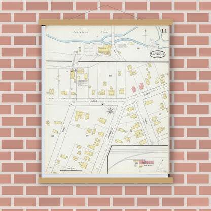 Old map wall art mockup — magnetic wood frame on brick wall — Sanborn Fire Insurance Map from Ashtabula, Ashtabula County, Ohio (1893), Sheet #0011